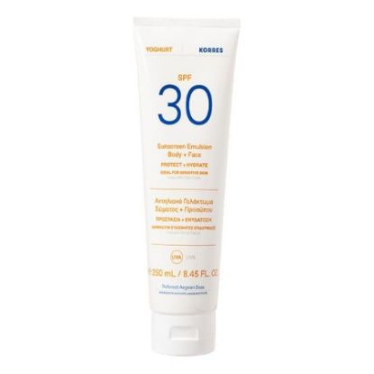 Picture of KORRES YOGURT SPF30 EMULSION 250ML FACE +BODY   Korres Yoghurt Sunscreen Body & Face Αντηλιακό Γαλάκτωμα Σώματος & Προσώπου SPF30, 250ml